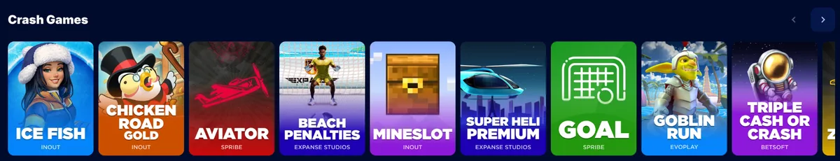 Casino lobby screenshot showing the Crash Games row with Aviator, Goal and Chicken Road Gold