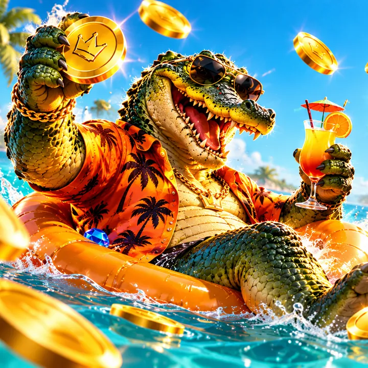 Crocodile mascot in sunglasses relaxing on a beach float beside an open treasure chest full of gold coins and gems