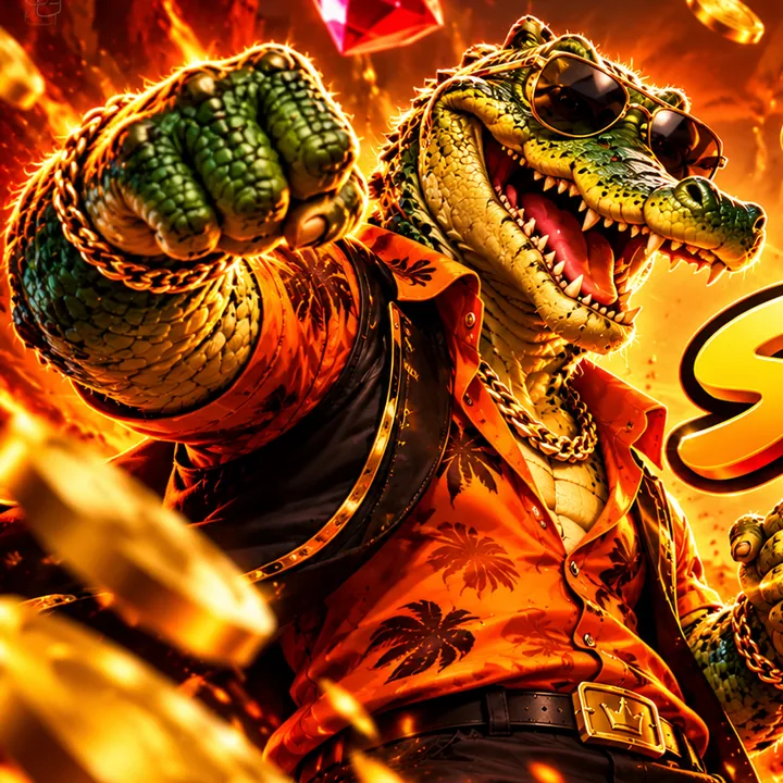 Crocodile mascot punching through a lava desert scene with flying gold coins and rubies